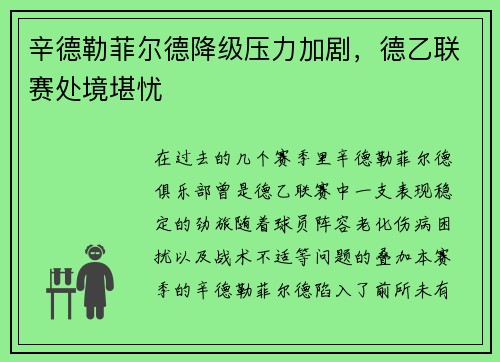 辛德勒菲尔德降级压力加剧，德乙联赛处境堪忧