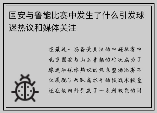 国安与鲁能比赛中发生了什么引发球迷热议和媒体关注